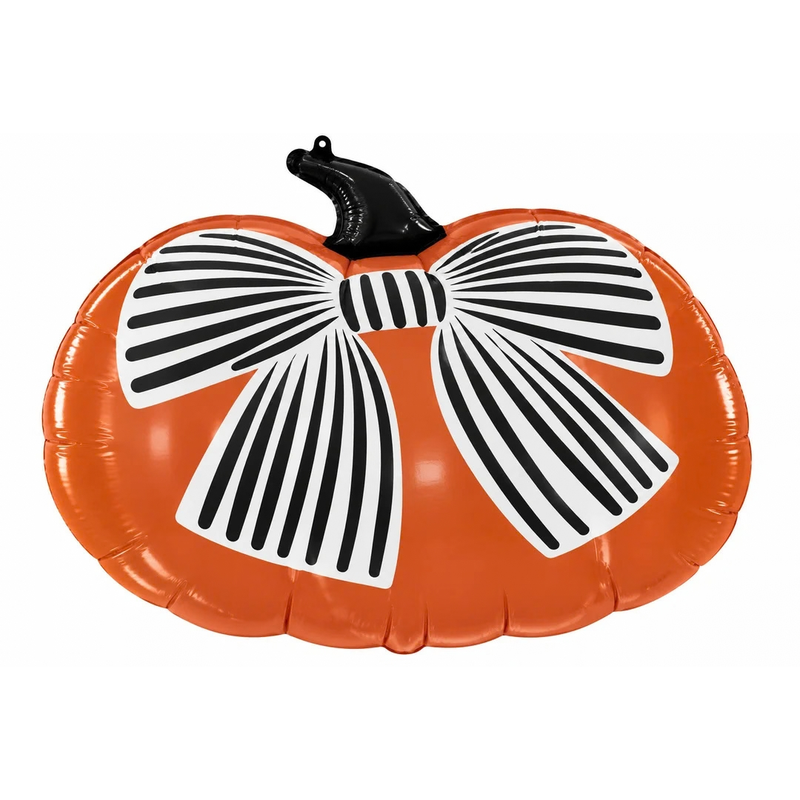 Orange pumpkin shaped foil balloon with a black stem and a large black and white striped bow on the front