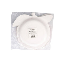 Back of packaged orange shaped paper plates showing product label.
