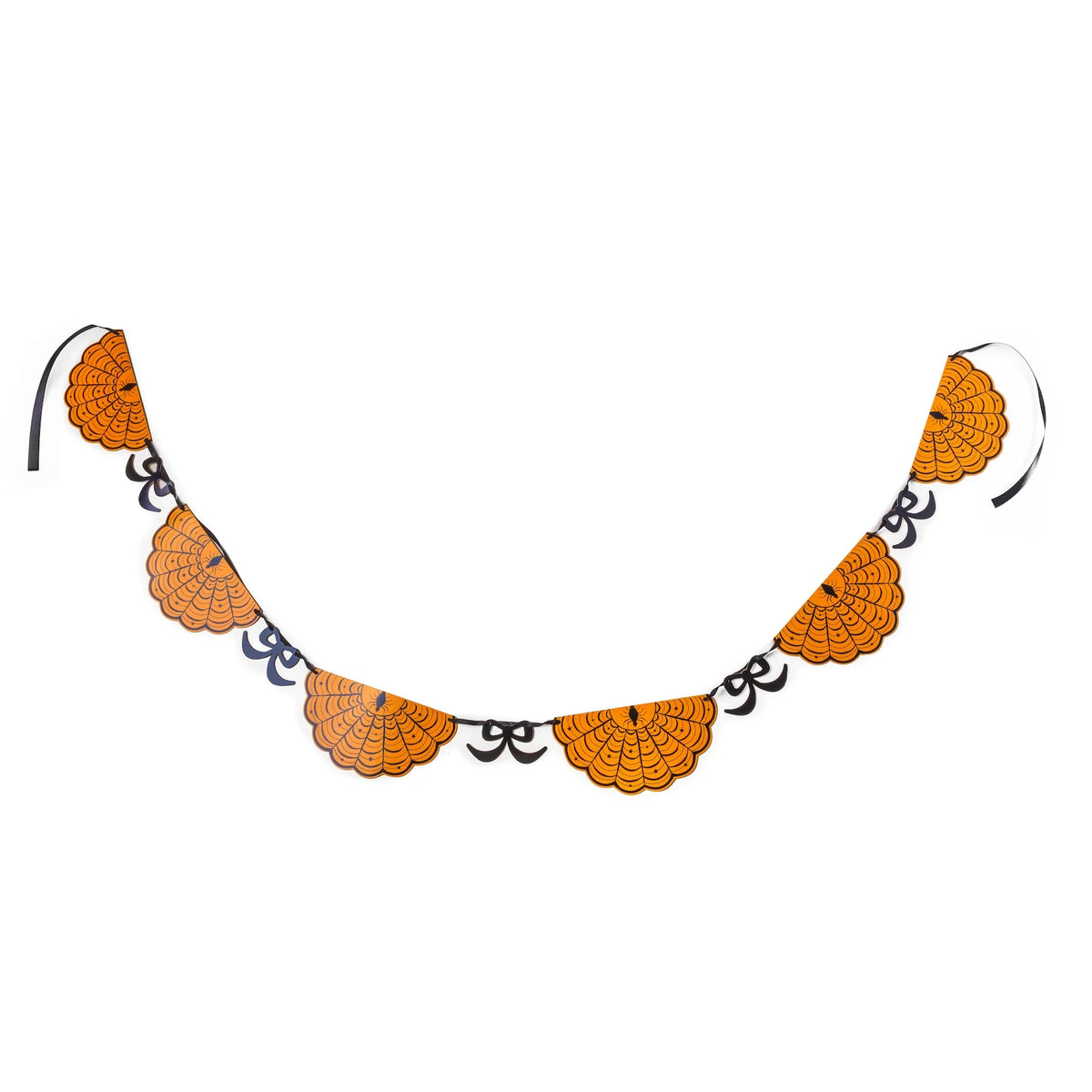 Orange scalloped spiderweb Halloween banner with black bow accents and black ribbon ties, full length on white