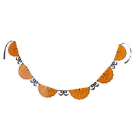 Orange scalloped spiderweb Halloween banner with black bow accents and black ribbon ties, full length on white