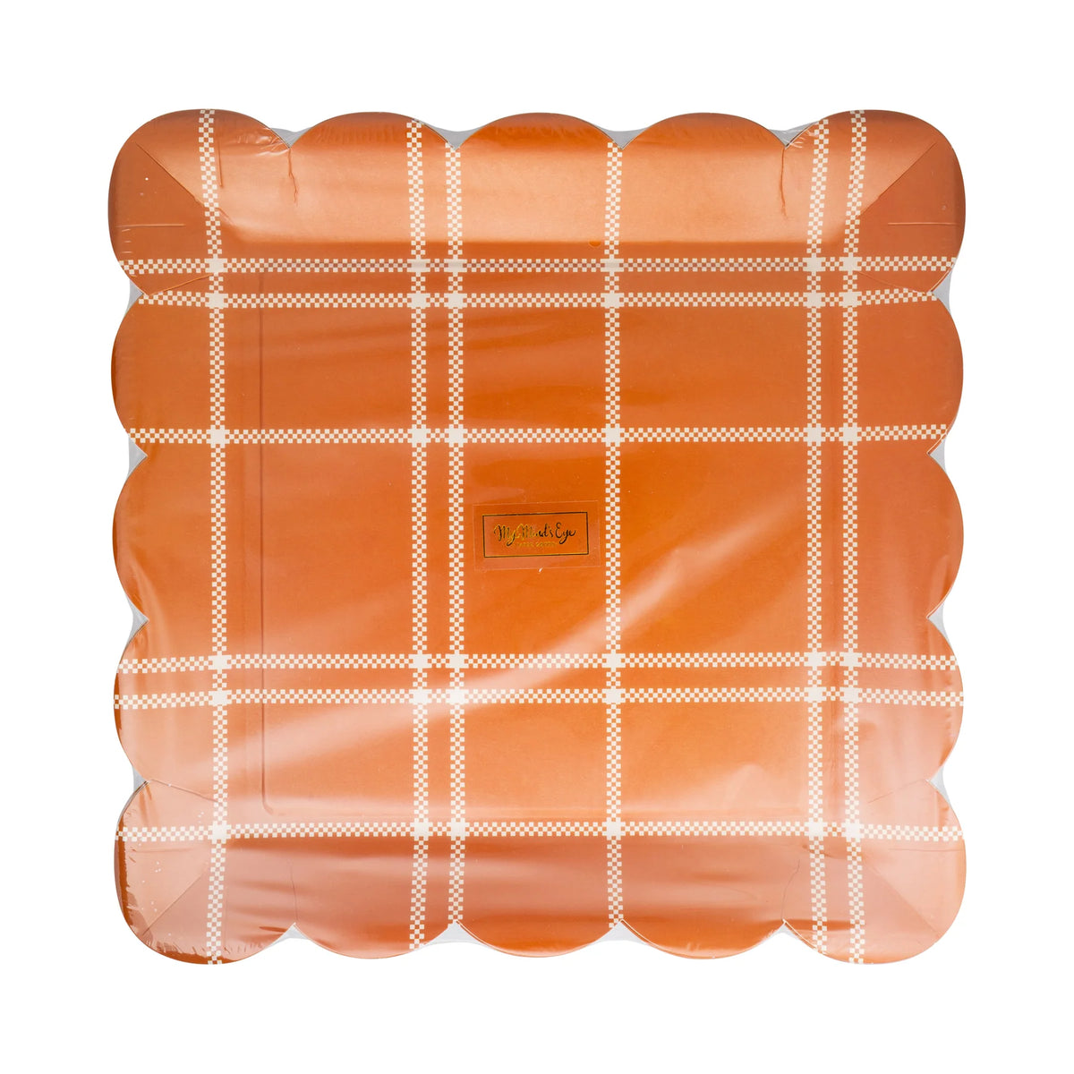 Front view of rust orange plaid paper plates with scalloped edges in clear wrap.