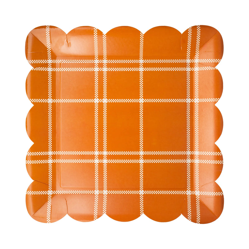 Single 10-inch square plate in orange windowpane plaid with scalloped border.