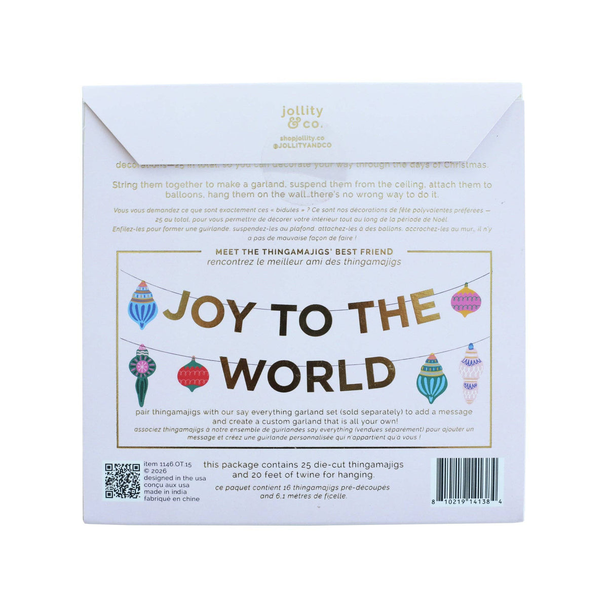 Front of the ornament garland kit packaging showing die-cut ornaments and a "Joy to the World" gold-lettered design.