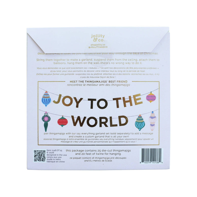 Front of the ornament garland kit packaging showing die-cut ornaments and a "Joy to the World" gold-lettered design.