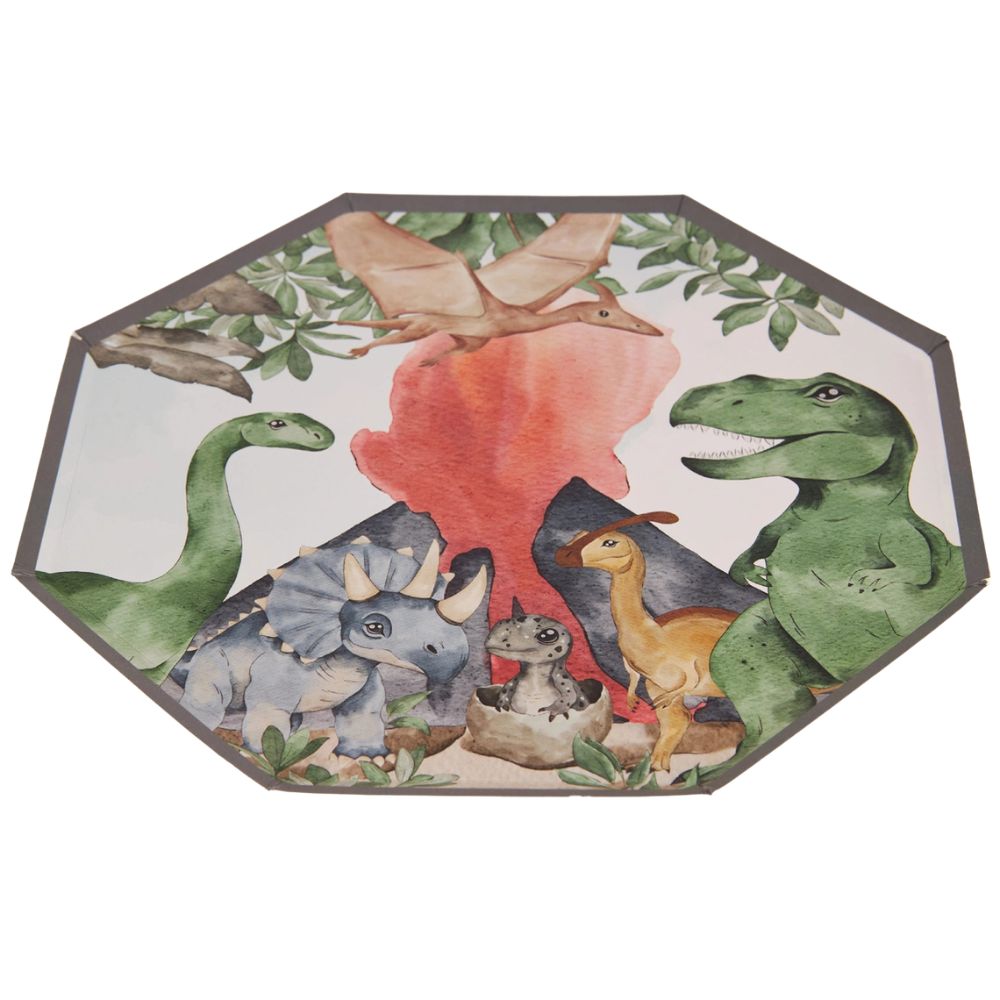 Alt Text: Overhead view of a single dinosaur jungle dessert plate