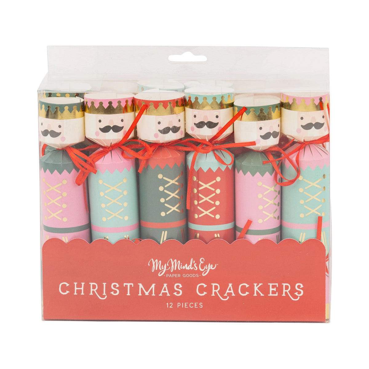 Front of the packaged 12 Christmas Crackers set displaying the Nutcracker face and uniform designs.