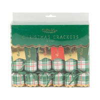 Front of the packaged set of 12 Christmas crackers showing the plaid pattern and green ribbon ties.