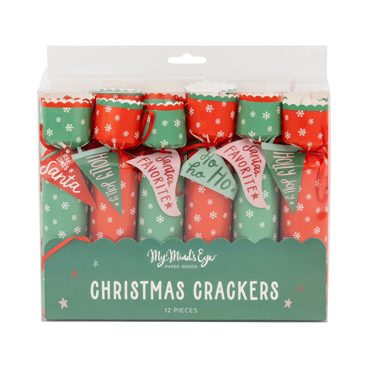 Front of the packaged 12 Christmas crackers set displaying the red and green party supplies colors.