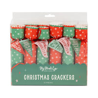 Front of the packaged 12 Christmas crackers set displaying the red and green party supplies colors.