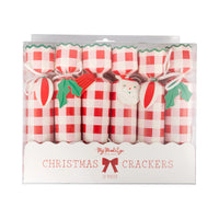 Front of the packaged 12 Christmas poppers set, showing the red gingham pattern and character tags.