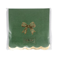 Front of the packaged 18 Christmas napkins showing the gold foil bow design and product label