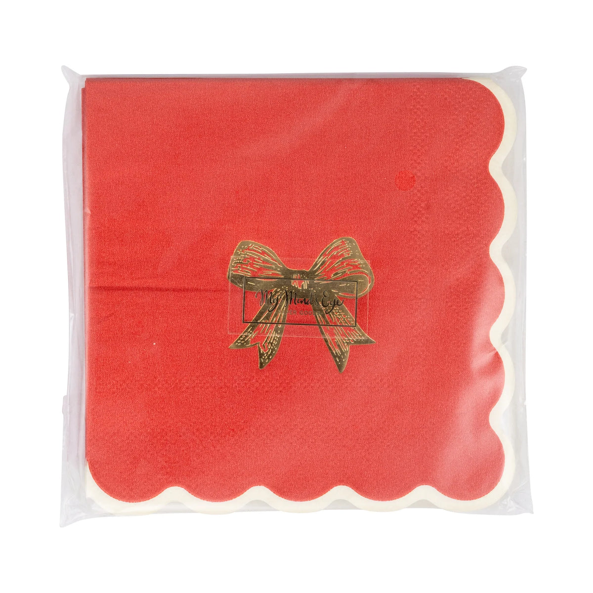 Front of the packaged set of 18 paper cocktail napkins showing the red color and gold bow design.
