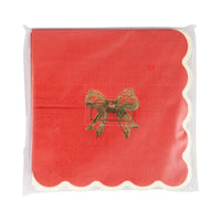 Front of the packaged set of 18 paper cocktail napkins showing the red color and gold bow design.