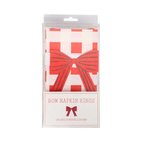 Front of the packaged paper napkins set, showing the included bow bands and "BOW NAPKIN RINGS" branding.