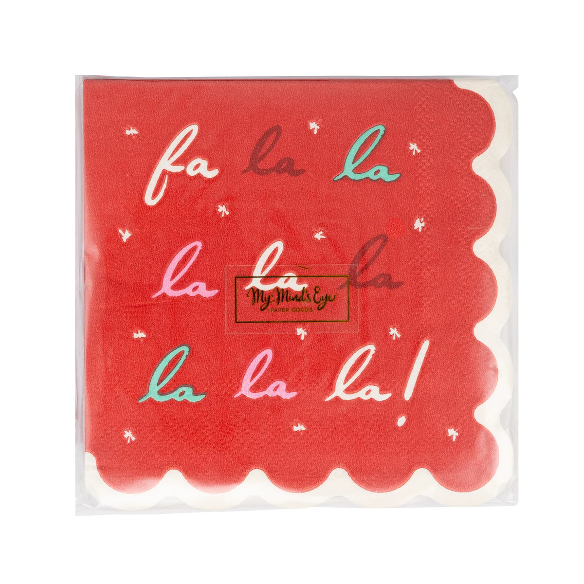 Front of the packaged set of 24 Christmas cocktail napkins displaying the "Fa La La" artwork.