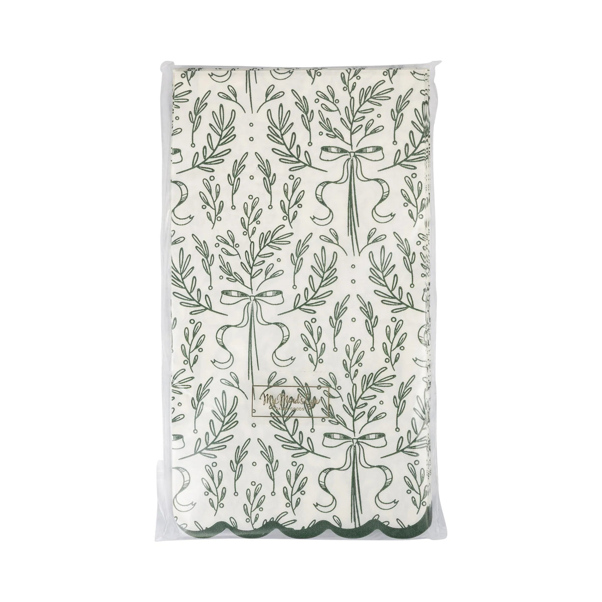 Front of the packaged set of 24 Christmas napkins displaying the repeat bough pattern.
