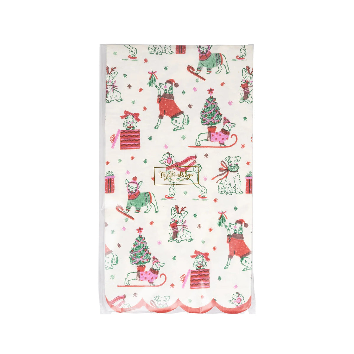 Packaged set of 24 dog napkins showing the intricate illustration and the scalloped border.