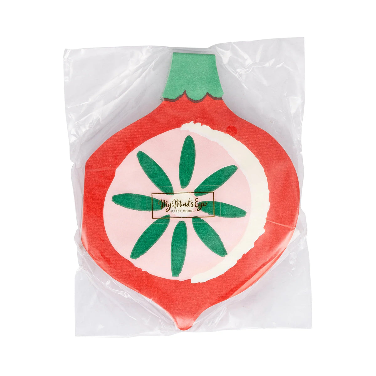 Front of the packaged set of 24 holiday cocktail napkins showing the ornament shape.