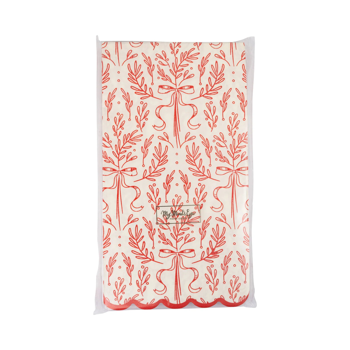 Packaged set of 24 paper dinner napkins showing the red bough pattern and product label.