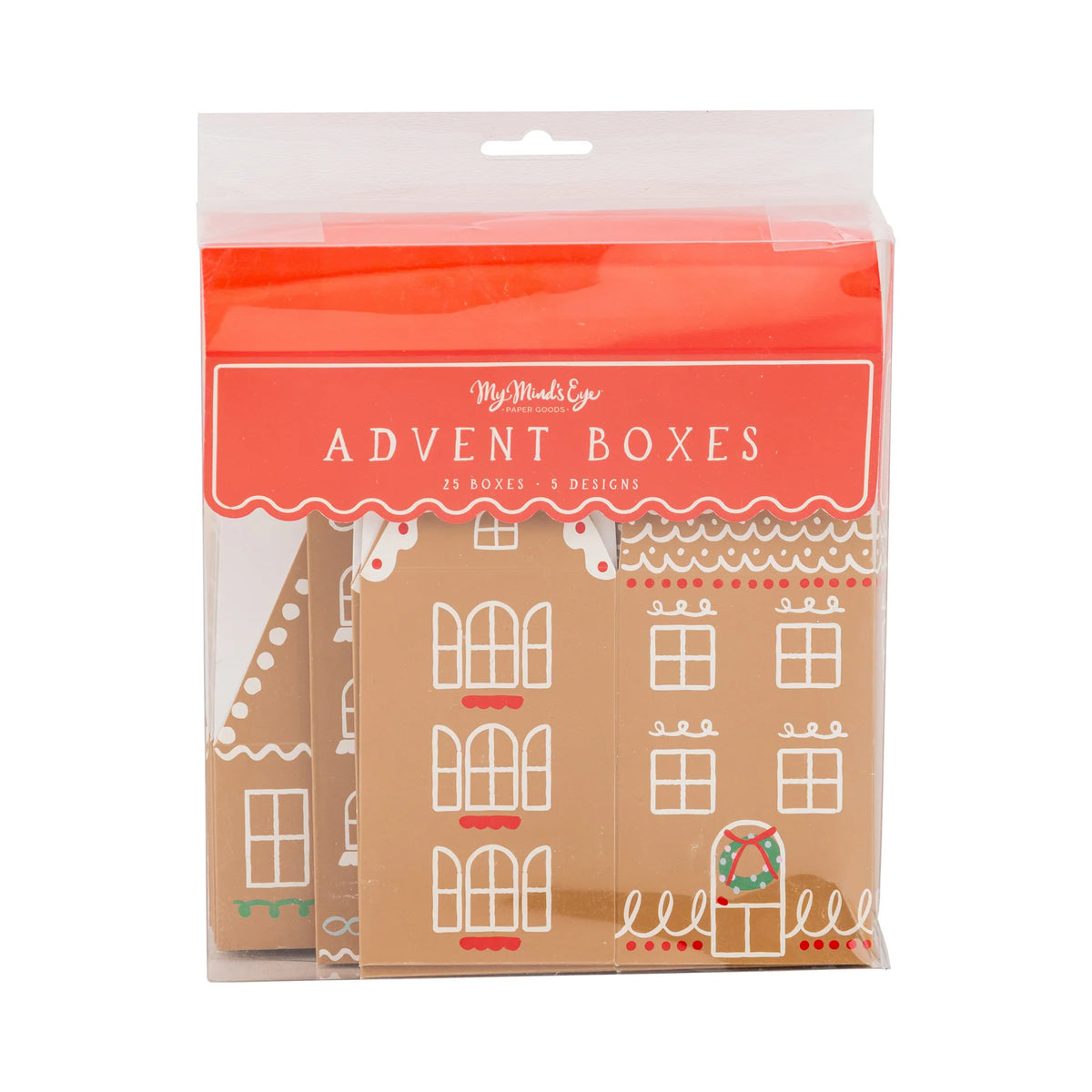Front of the packaged set of 25 advent boxes with the gingerbread house illustration visible.