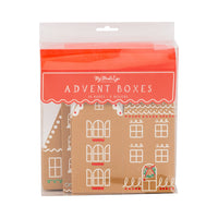 Front of the packaged set of 25 advent boxes with the gingerbread house illustration visible.
