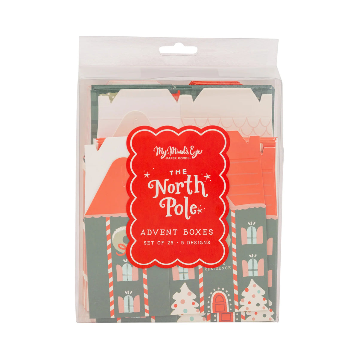 Front of the packaged set of 25 advent calendar boxes showing the "North Pole" branding.