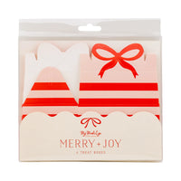 Front of the packaged set of 6 holiday treat boxes showing the flat box pieces and "Merry + Joy" branding.