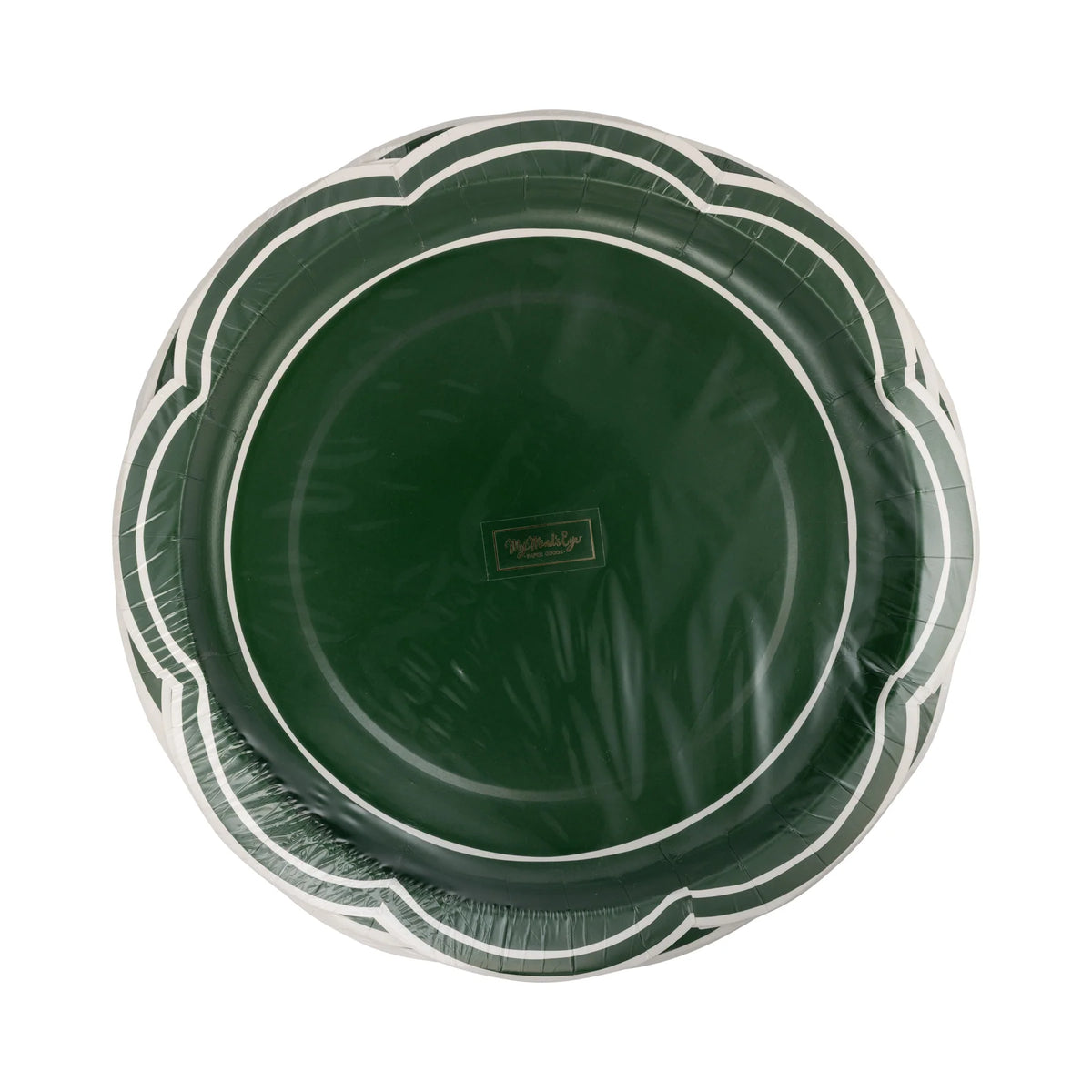Front of the packaged set of 8 Christmas paper plates in the solid green color.
