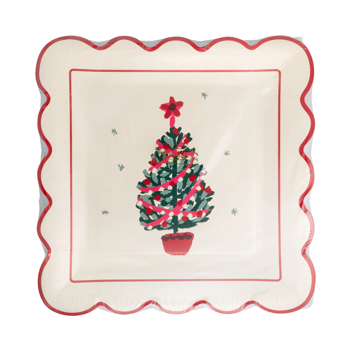 Front of the packaged set of 8 Christmas paper plates displaying the central tree artwork.