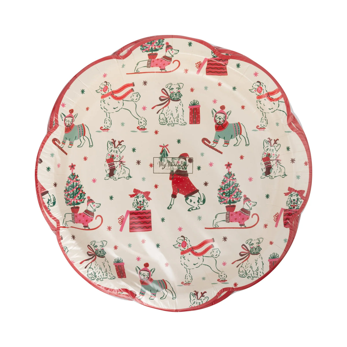 Front of the packaged set of 8 Christmas paper plates displaying the central tree artwork.
