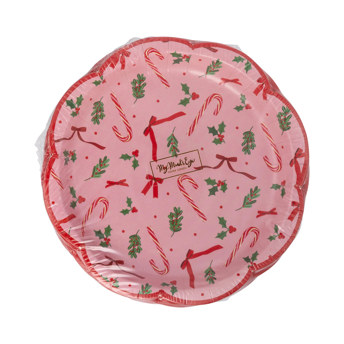 Front of the packaged set of 8 pink Christmas plates displaying the pattern and scalloped shape.