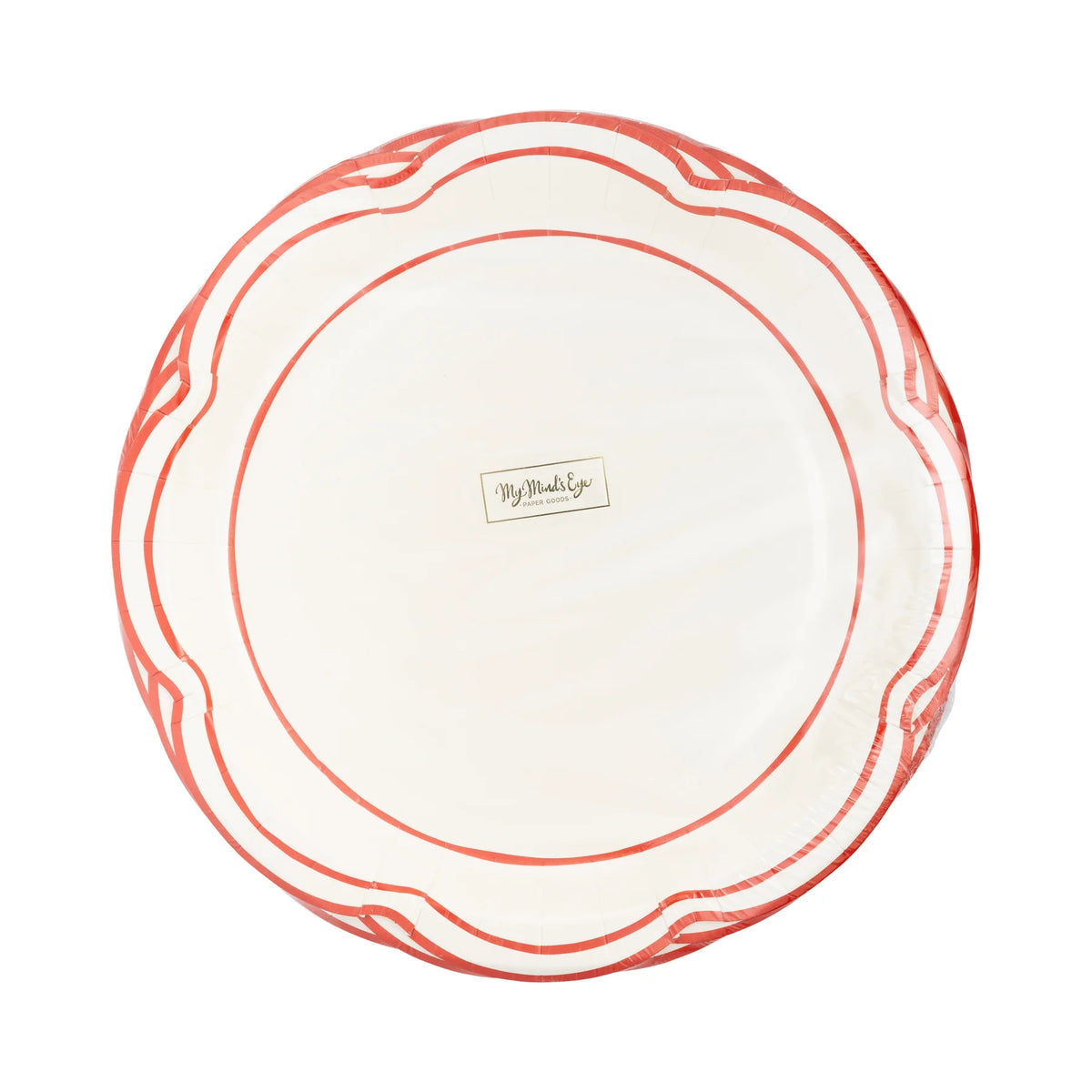 Front of the packaged set of 8 red and white plates displaying the distinct scalloped edge.
