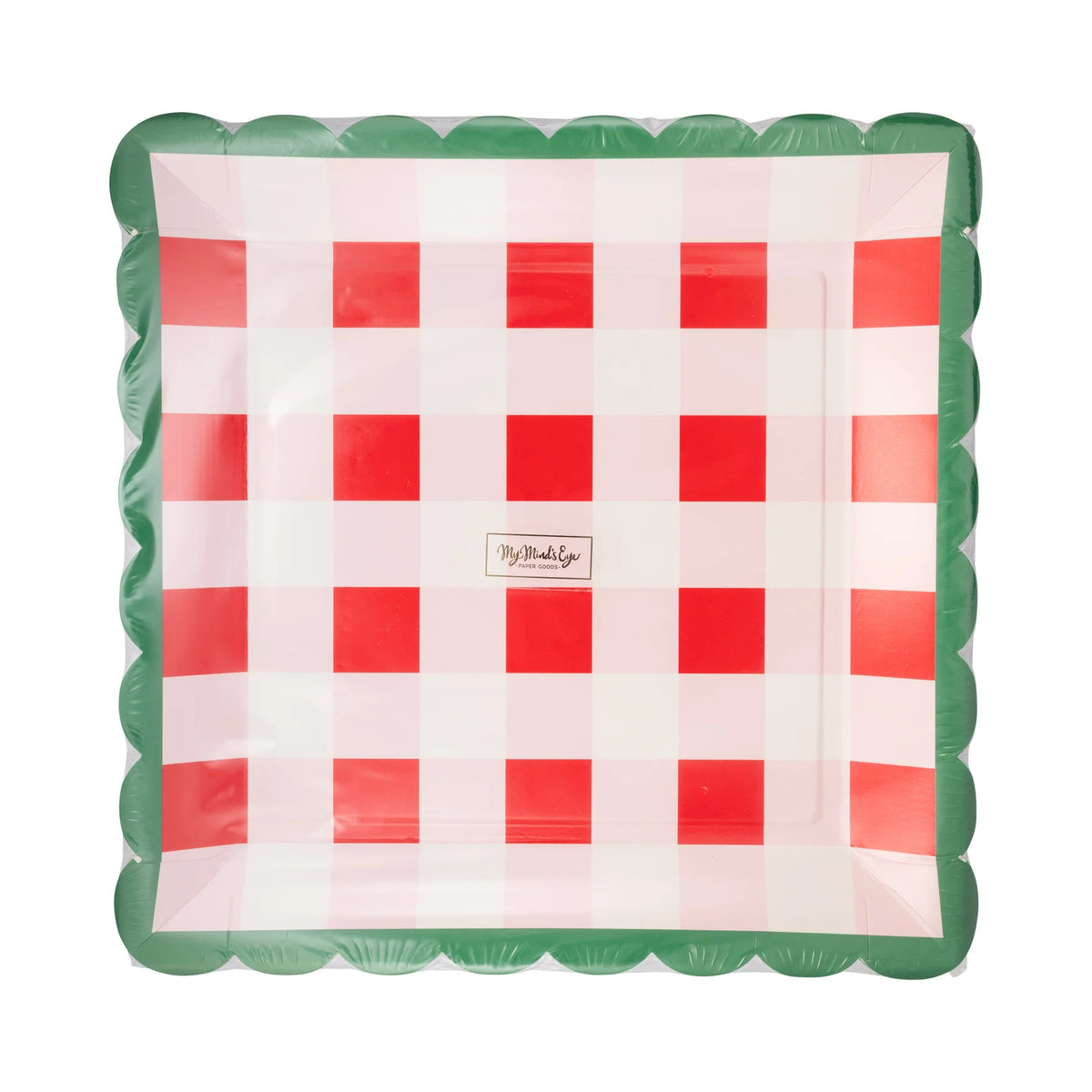 Front of the packaged set of 8 red gingham paper plates showing the plaid pattern and scalloped shape.