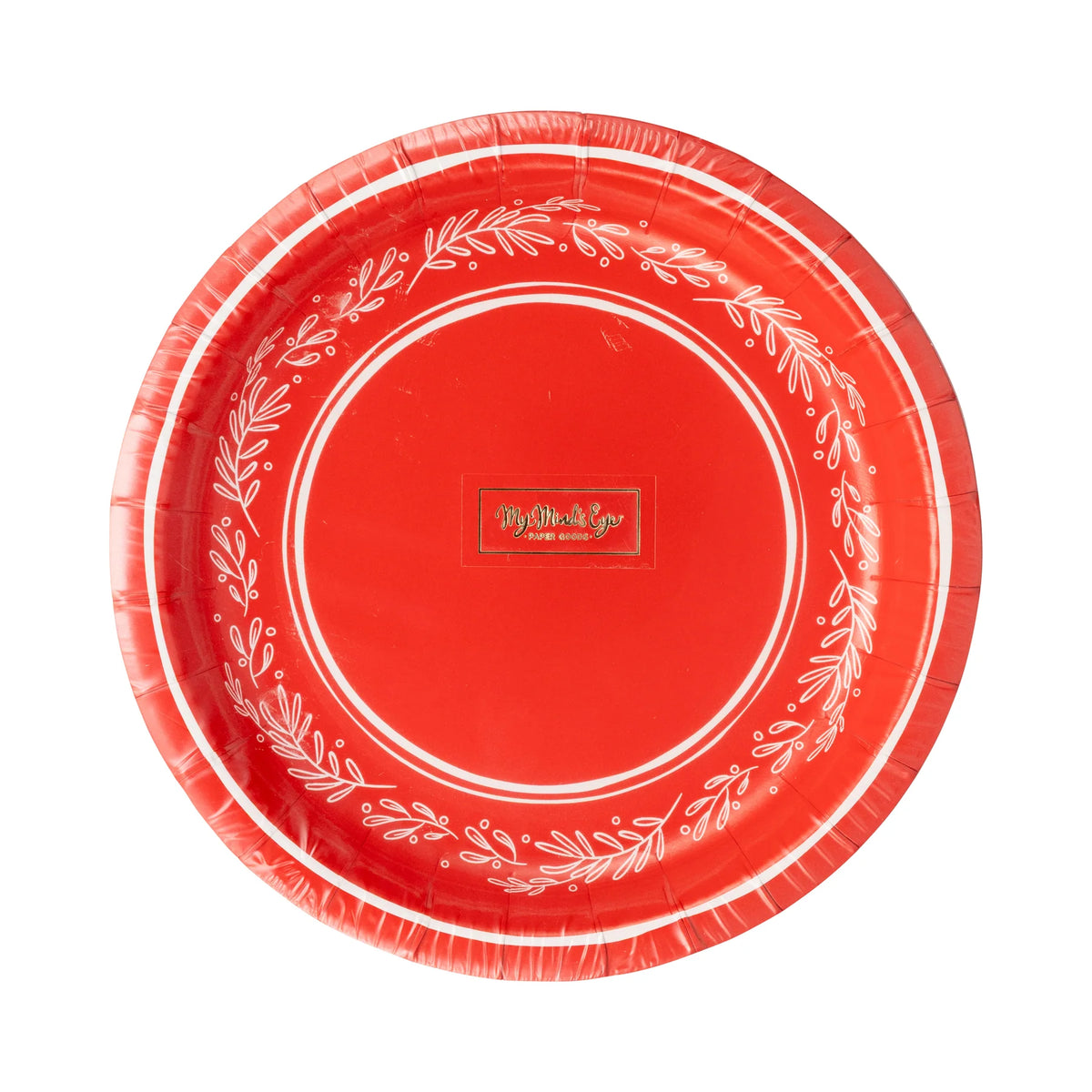 Front of the packaged set of 8 red paper plates featuring the Christmas floral plates design.
