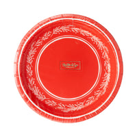 Front of the packaged set of 8 red paper plates featuring the Christmas floral plates design.
