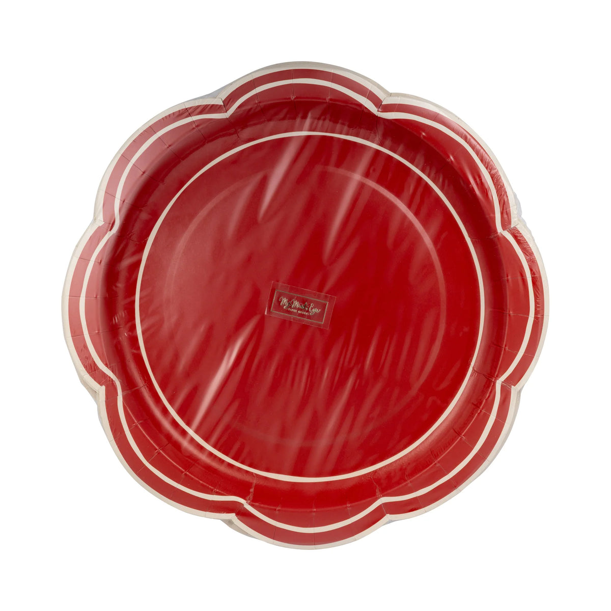 Front of the packaged set of 8 red paper plates displaying the large scalloped design.