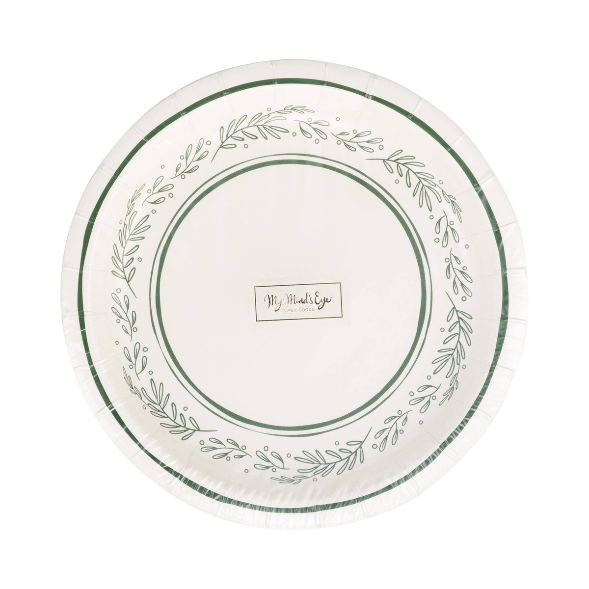 Front of the packaged set of 8 small Christmas plates with the green bough illustration visible.