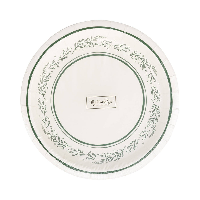 Front of the packaged set of 8 small Christmas plates with the green bough illustration visible.