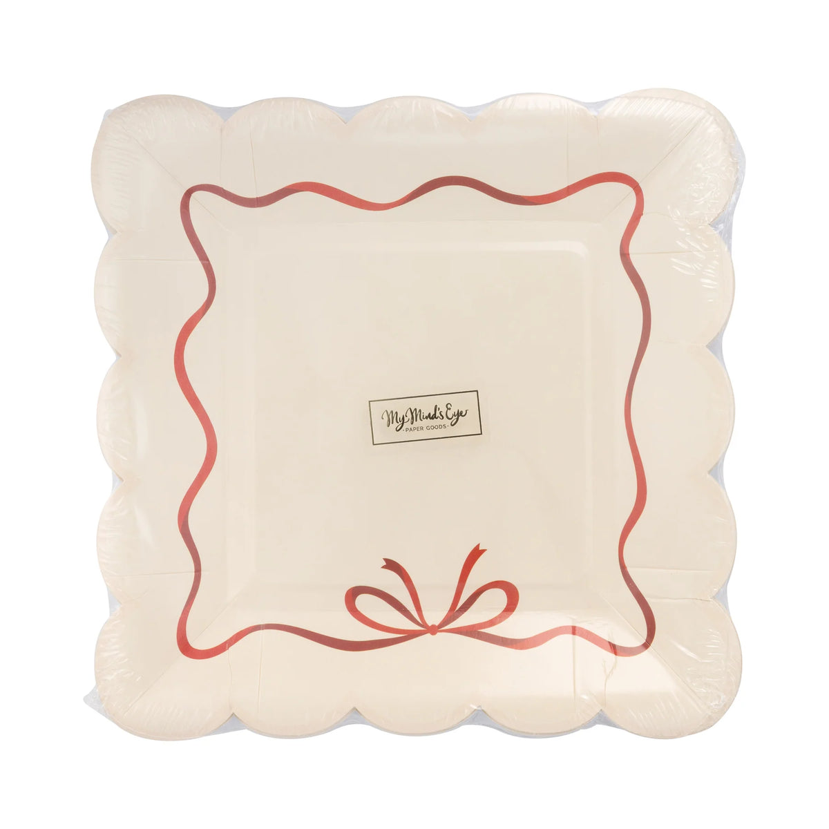 Front of the package containing 8 square paper plates with the bow border design.