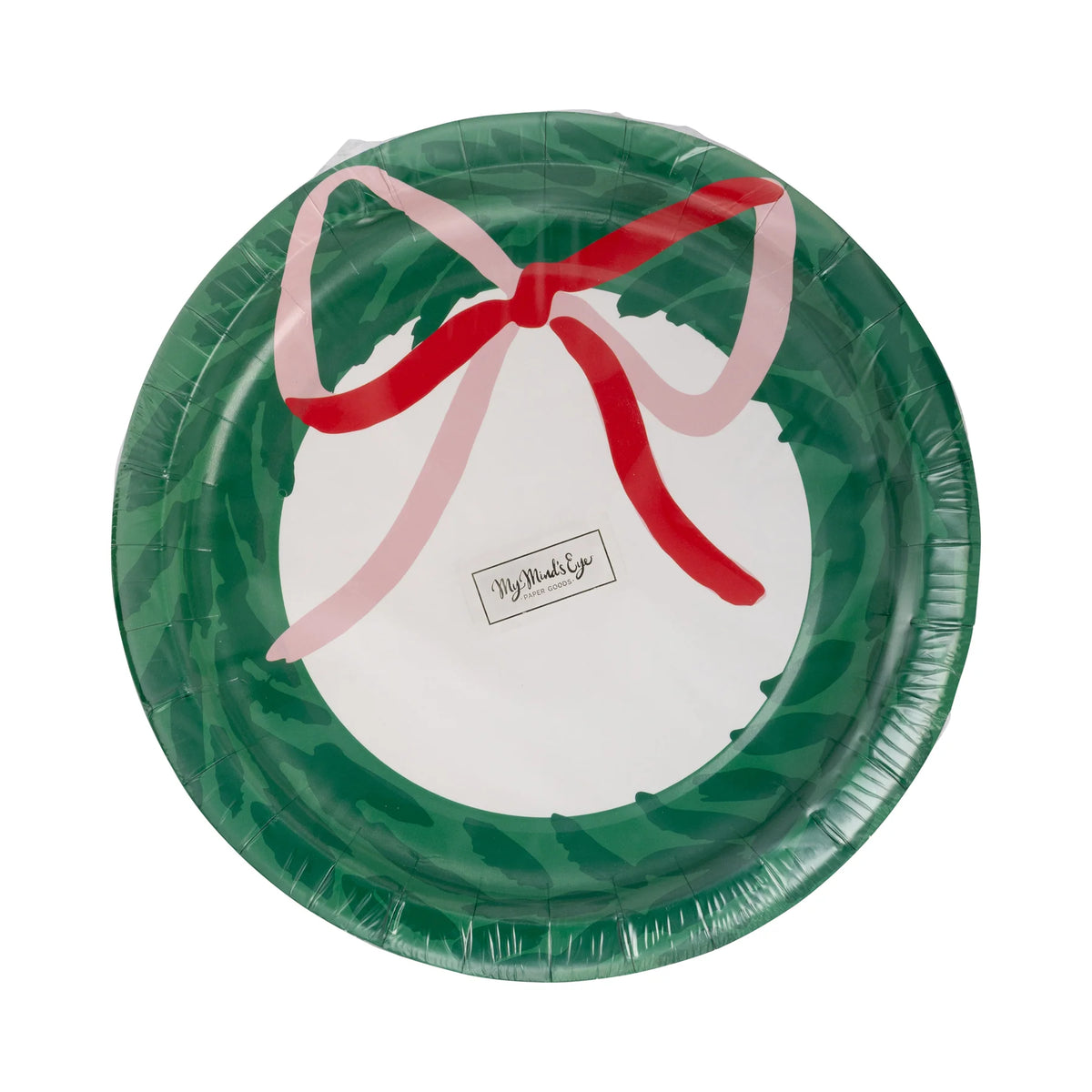 Front of the packaged set of 8 wreath shaped plates displaying the design.