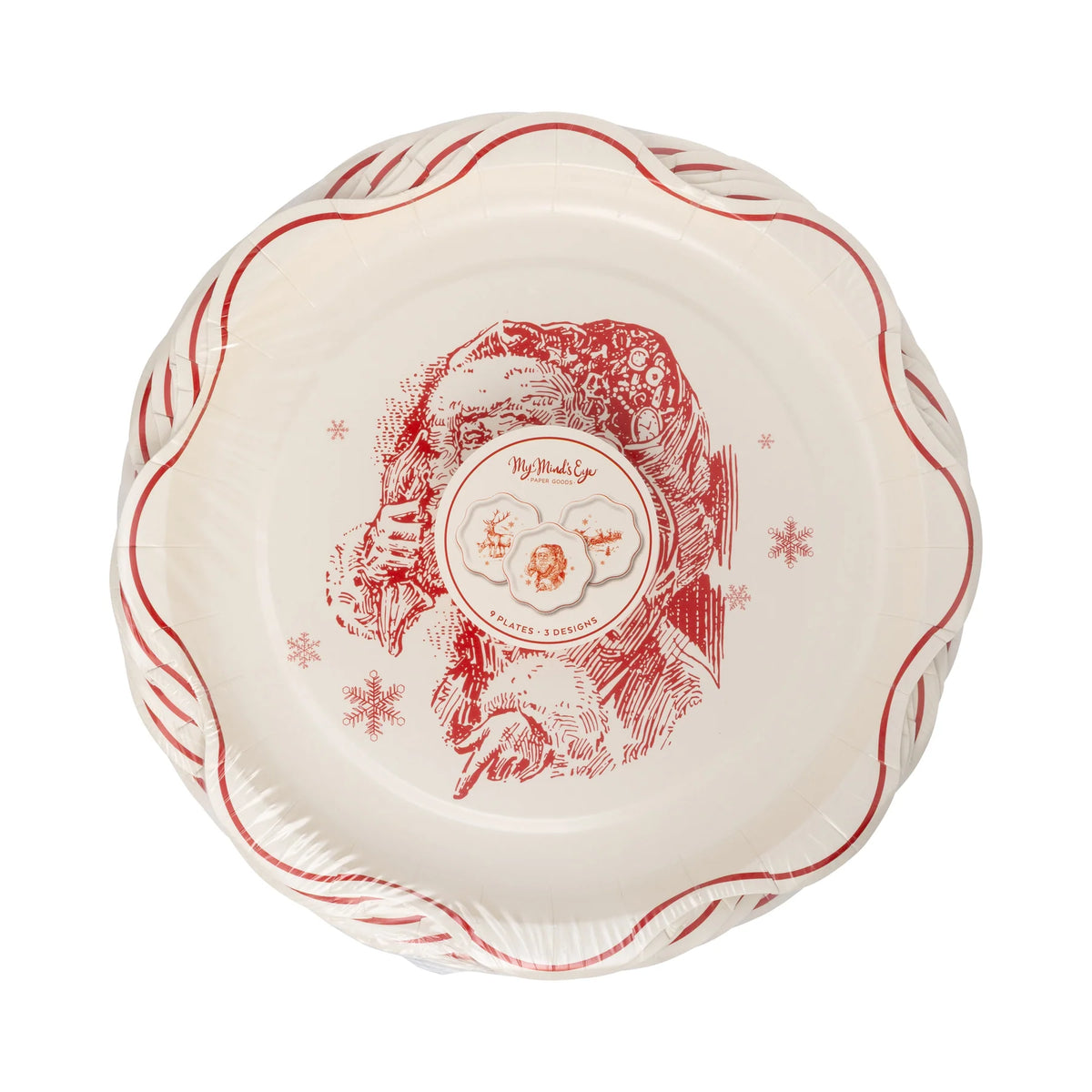 Front of the packaged set of 9 Santa Reindeer Plates showing the three designs.