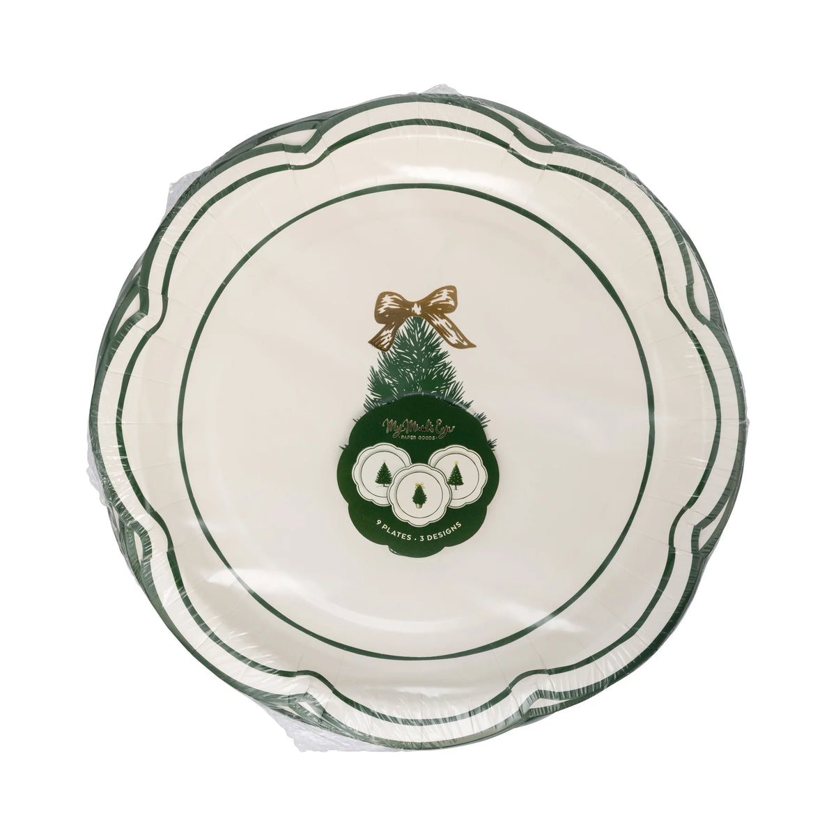 Front of the packaged set of 9 scalloped edge plates, showing the three Evergreen tree plates designs.