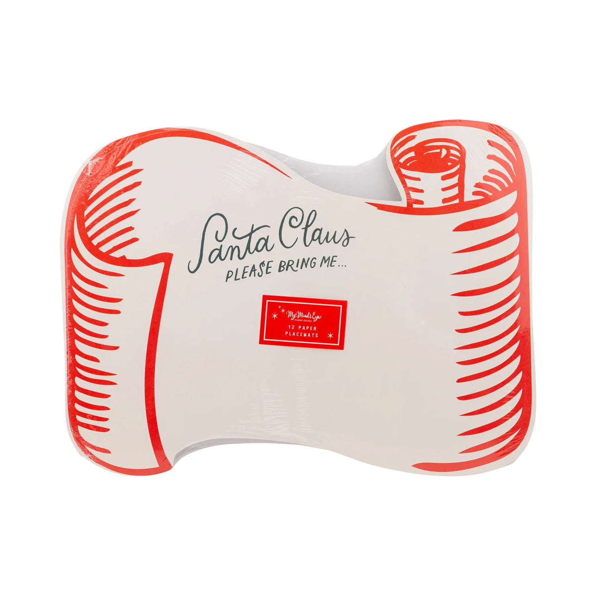 Product package of the 12 Christmas paper placemats showing the scroll design and brand label.