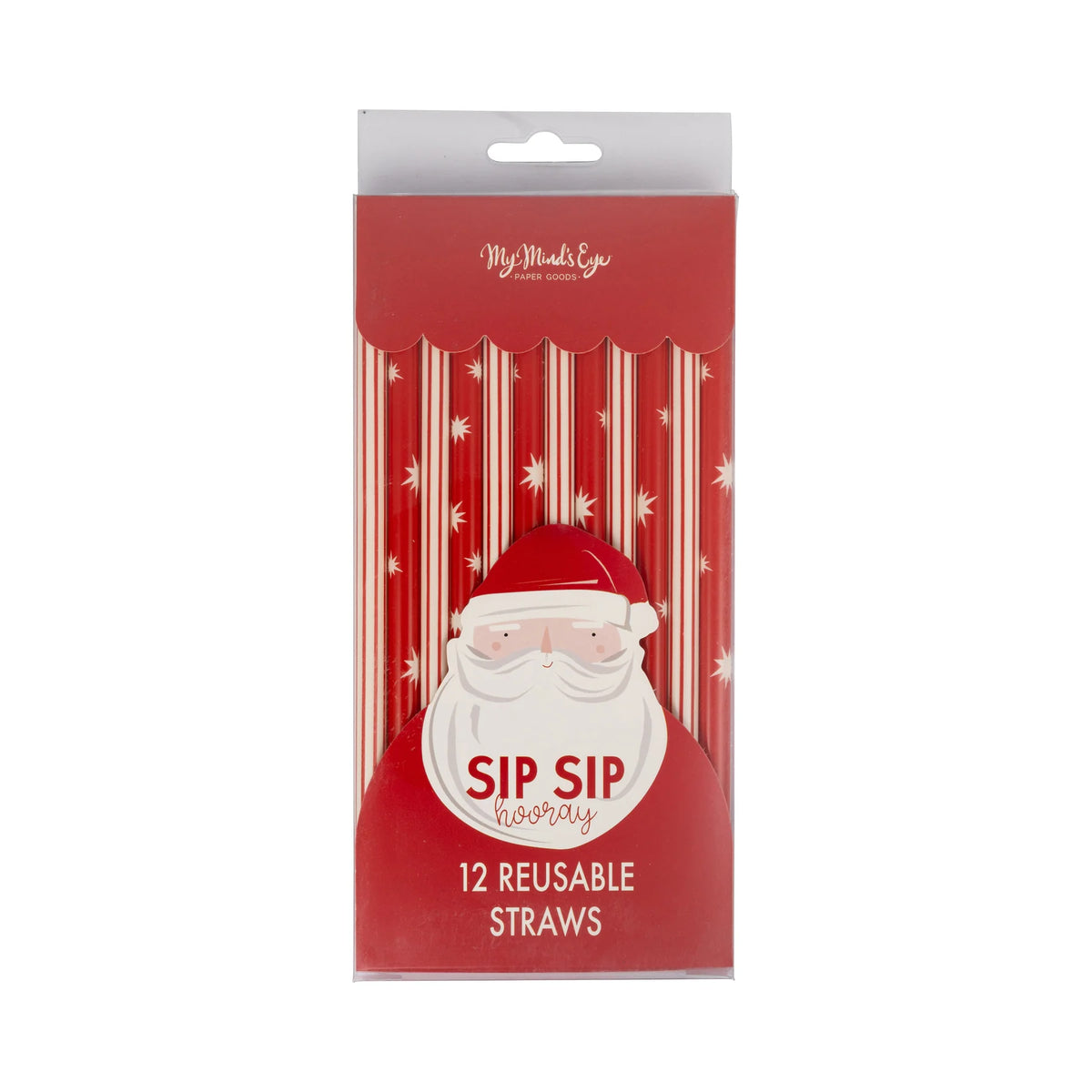 Product packaging showing the 12 reusable plastic straws with a die-cut Santa and "SIP SIP hooray" text.