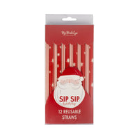 Product packaging showing the 12 reusable plastic straws with a die-cut Santa and "SIP SIP hooray" text.