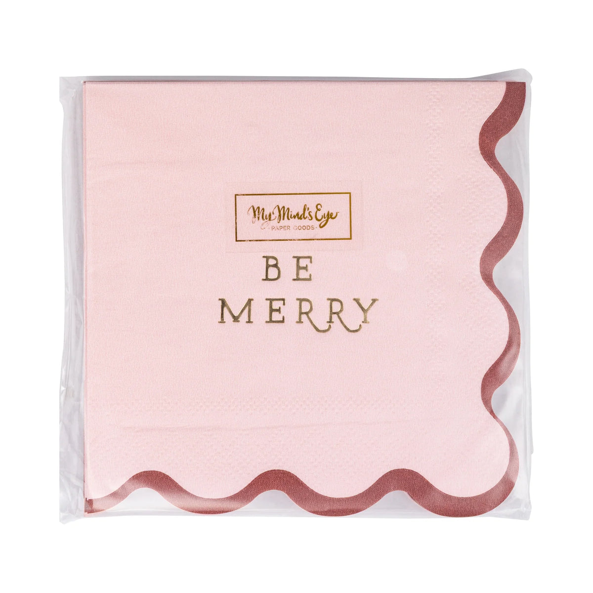 Packaged set of the light pink Christmas napkins showing the product sticker and foil stamping.