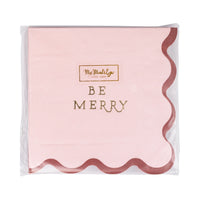 Packaged set of the light pink Christmas napkins showing the product sticker and foil stamping.