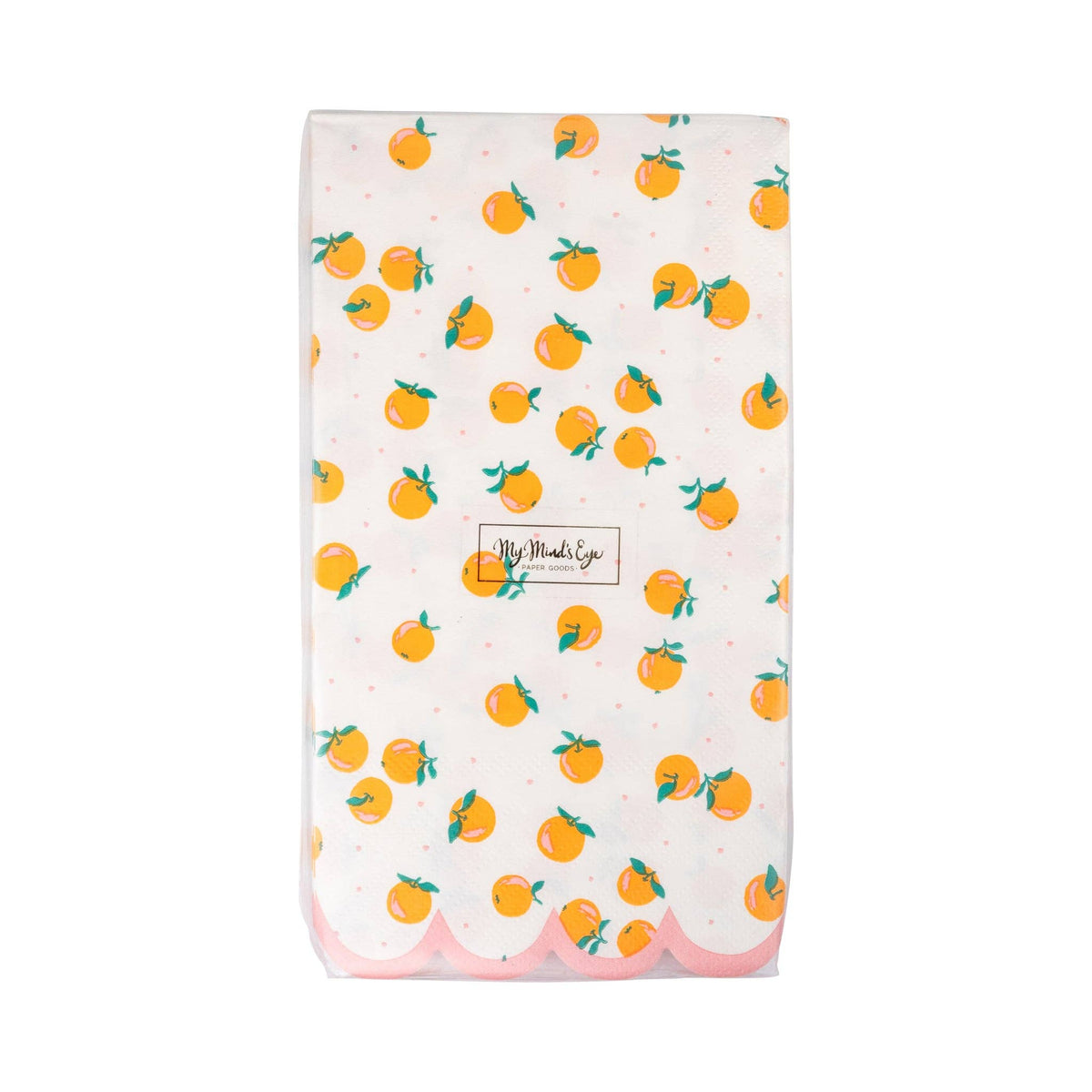 Packaged orange dinner napkins with scattered orange print.
