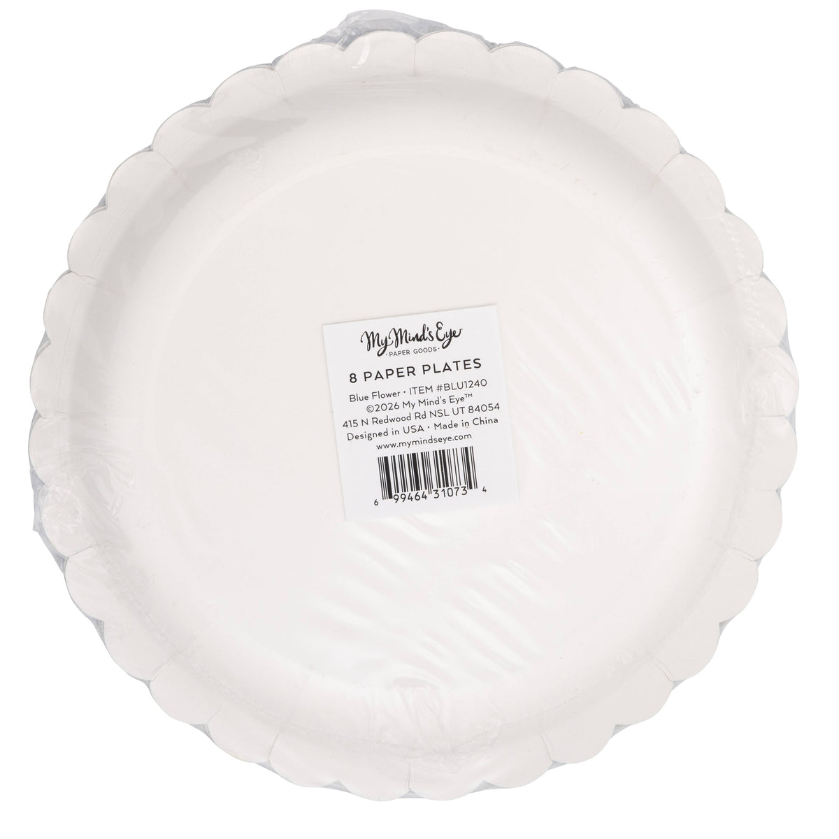 Back of packaged blue floral Easter paper plates showing product label.