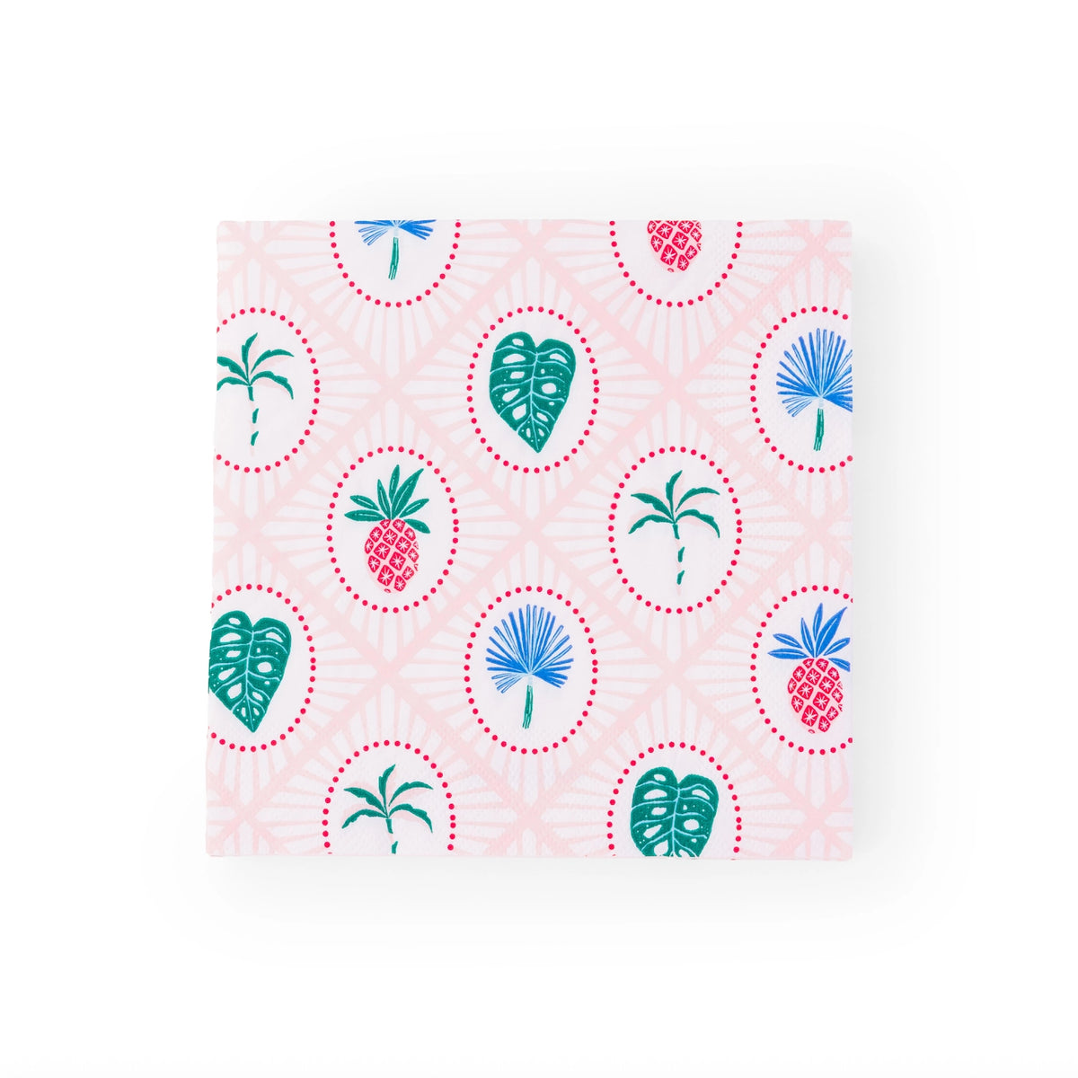 Single folded napkin showing repeating icons of pineapples, monstera leaves, and blue palm fronds on lattice background.